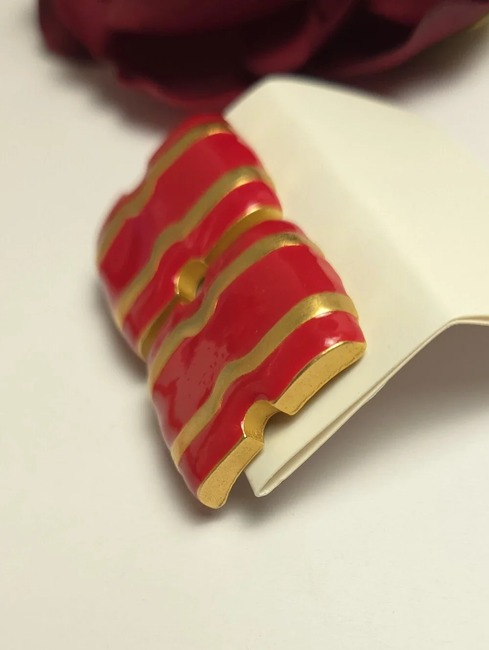 Vintage Bright Red & Brushed Gold Geometric Design Earrings Clip on Heavy